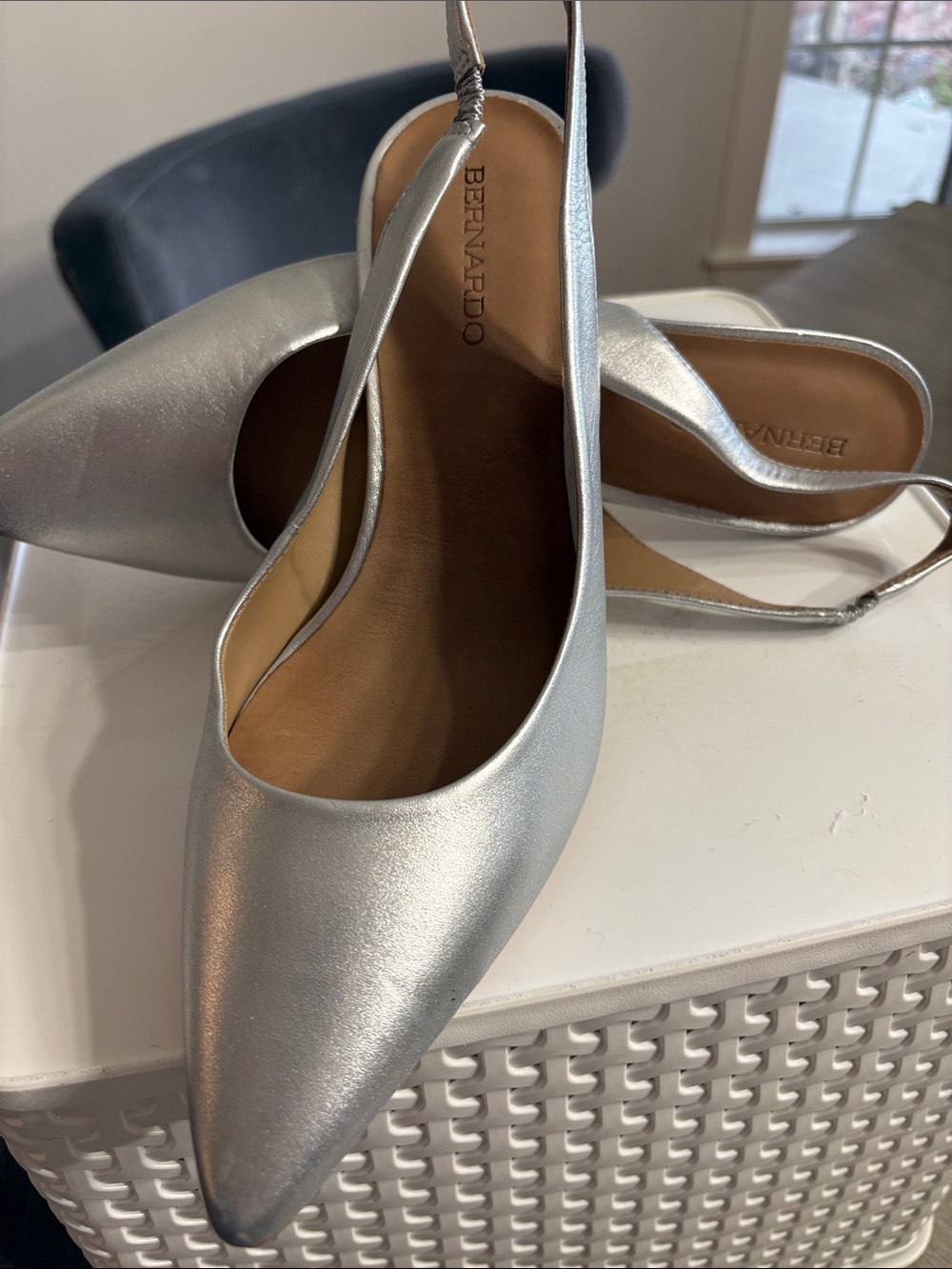 Bernardo Metallic Silver Pointed Slingback Flats